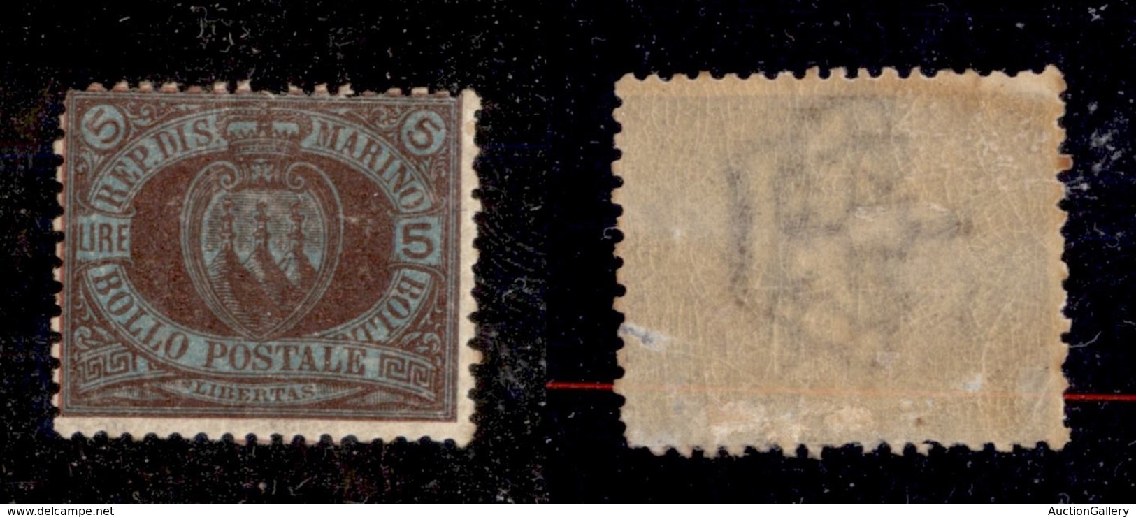 23599 SAN MARINO - POSTA ORDINARIA - 1894 - 5 Lire Carminio Su Verde Scuro Stemma (22a) - Nuovo Con Gomma (150) - Andere & Zonder Classificatie