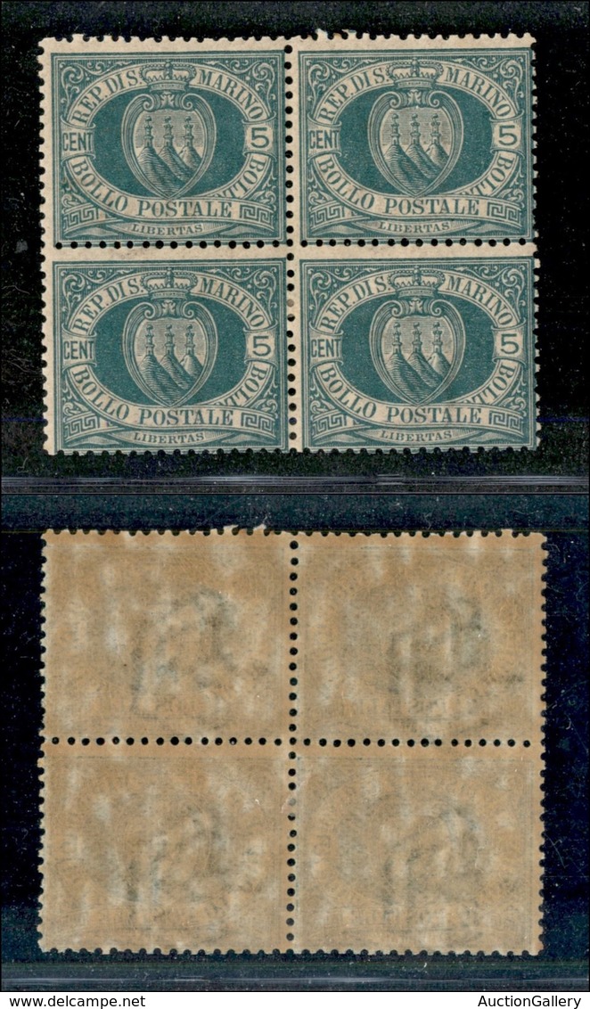 23605 SAN MARINO - POSTA ORDINARIA - 1894/1899 – 5 Cent Stemma (27) – In Quartina – Gomma Integra (110+) - Autres & Non Classés