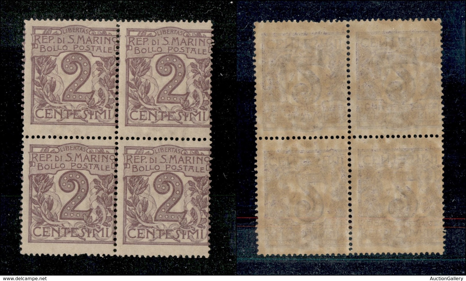 23608 SAN MARINO - POSTA ORDINARIA - 1903 - Quartina Del 2 Cent Cifra (34) - Gomma Integra (350) - Sonstige & Ohne Zuordnung