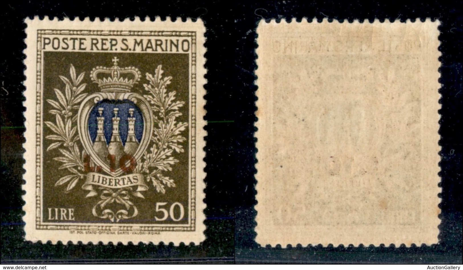 23702 SAN MARINO - POSTA ORDINARIA - 1946 - Pro Opera Assistenza - 10 Lire Su 50 Lire Stemmi (297) - Gomma Integra (50) - Autres & Non Classés