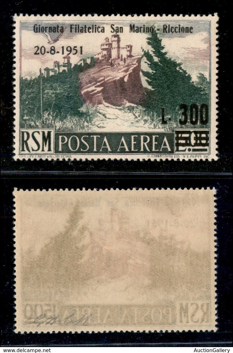 23752 SAN MARINO - POSTA AEREA - 1951 - 300 Lire Su 500 Lire 3° Giornata Filatelia (98) - Gomma Integra (80) - Autres & Non Classés