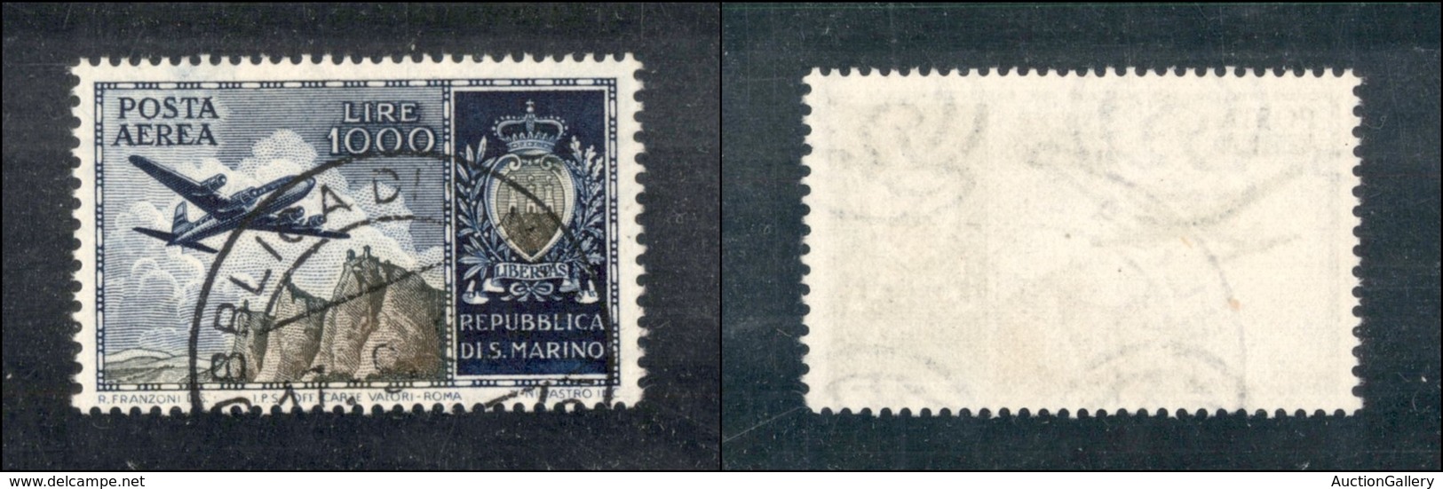 23755 SAN MARINO - POSTA AEREA - 1954 - 1000 Lire Aereo Veduta E Stemma Posta Aerea (112) - Usato (125) - Autres & Non Classés