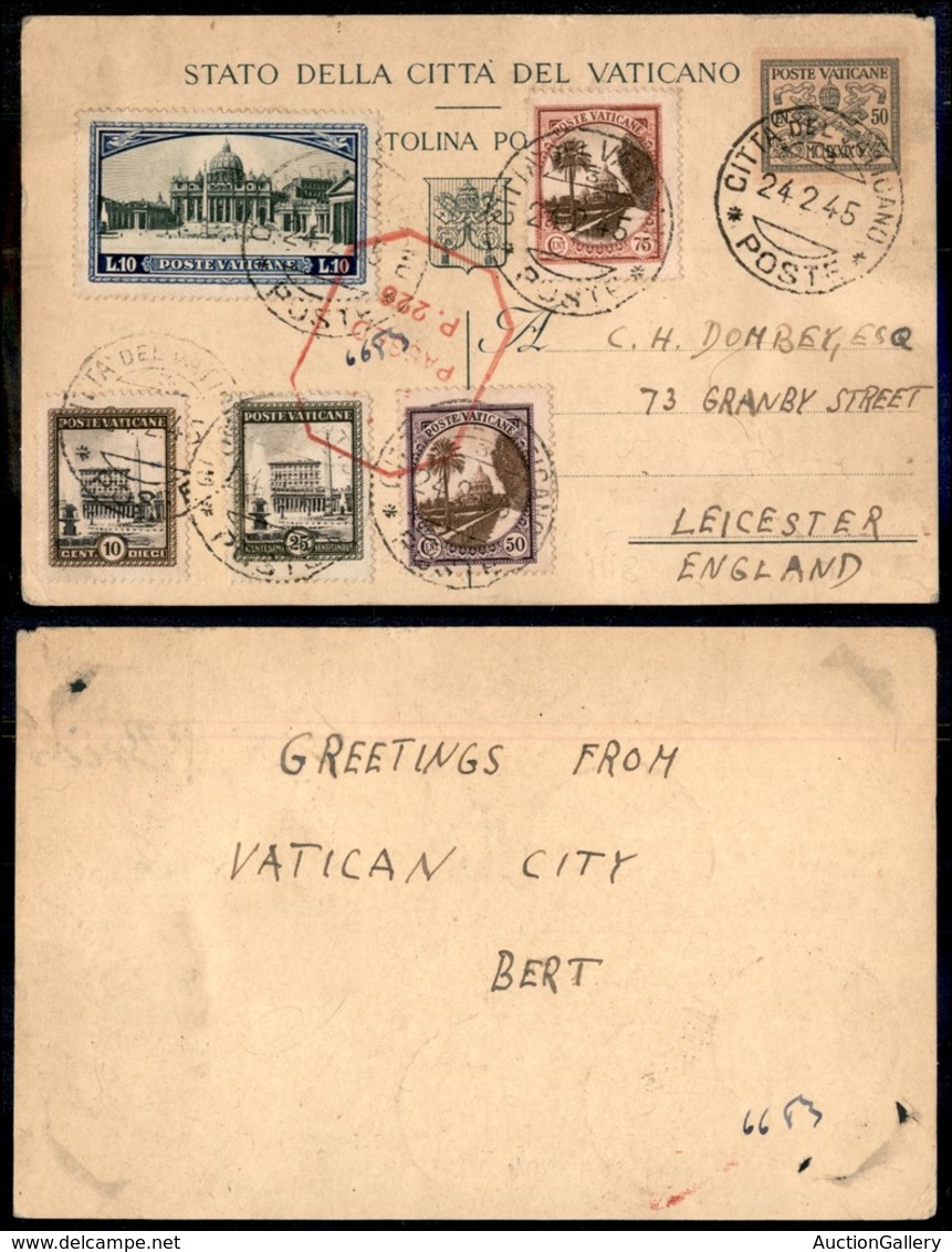 23809 VATICANO - POSTA ORDINARIA - Intero Postale Da 50 Cent Con Affrancatura Aggiuntiva (20+23+25+26+33) Per Leicester  - Sonstige & Ohne Zuordnung