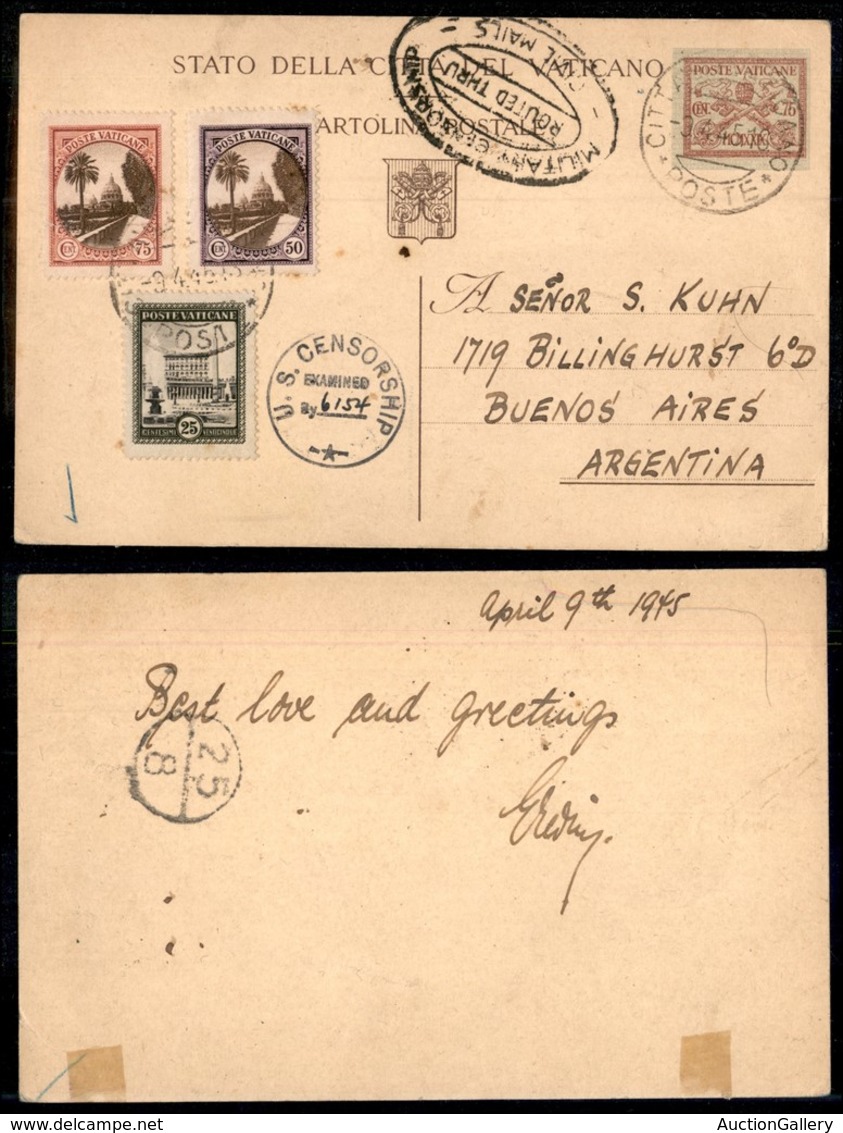 23810 VATICANO - POSTA ORDINARIA - Intero Postale Da 75 Cent Con Affrancatura Aggiuntiva (23+25+26) Per Buenos Aires Del - Sonstige & Ohne Zuordnung