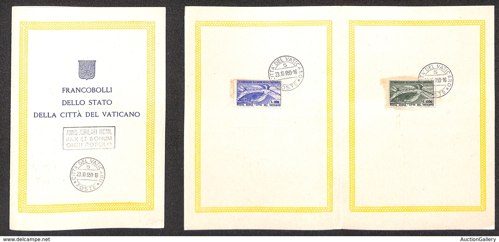 23861 VATICANO - POSTA AEREA - 1949 - P.Aerea - UPU (18/19) - Serie Completa Usata Su Folder Dell'emissione - 20.10.50 - Autres & Non Classés