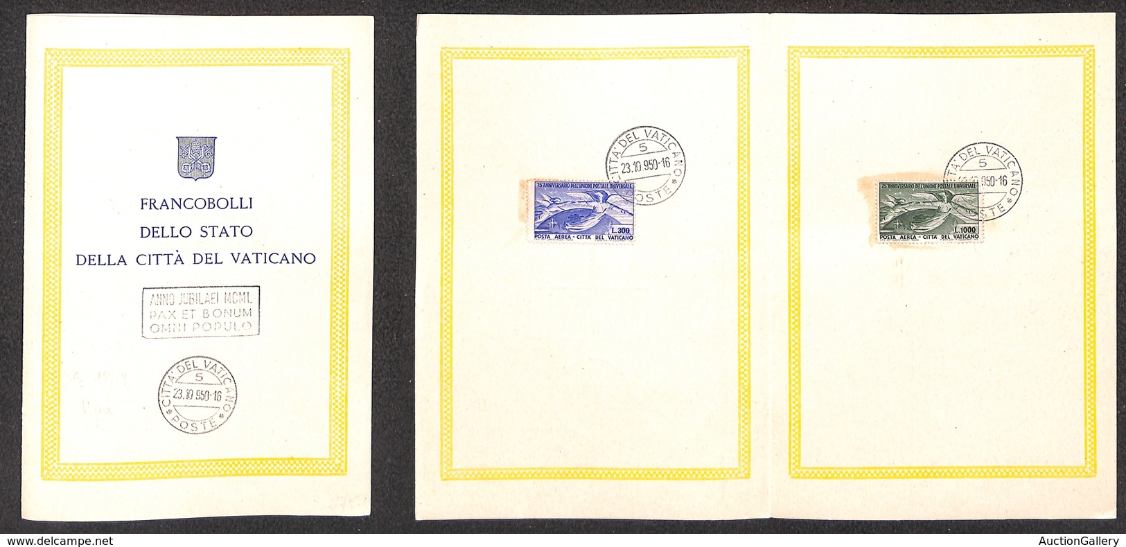 23861 VATICANO - POSTA AEREA - 1949 - P.Aerea - UPU (18/19) - Serie Completa Usata Su Folder Dell'emissione - 20.10.50 - Sonstige & Ohne Zuordnung