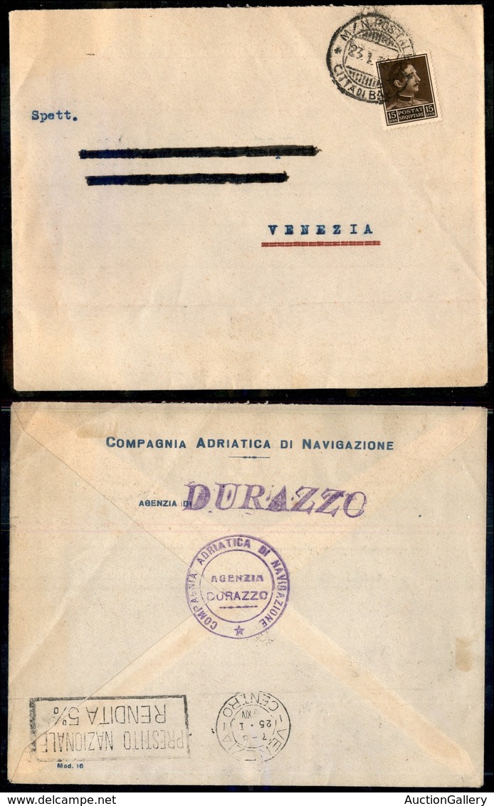 23963 ESTERO - ALBANIA - Motonave Città Di Bari - 15 Qind (221) - Busta Per Venezia Del 23.1.1936 - Andere & Zonder Classificatie