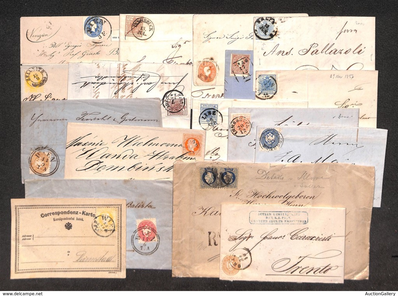 23989 ESTERO - AUSTRIA - 1850/1883 – 16 Lettere E Buste + Una Cartolina Del Periodo Con Diverse Affrancature – Interessa - Sonstige & Ohne Zuordnung