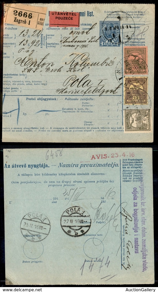 24039 ESTERO - AUSTRIA - Austria/Ungheria - Bollettino Pacchi Da Zagabria A Pola Del 18.4.16 Con Affrancatura Multipla - Andere & Zonder Classificatie