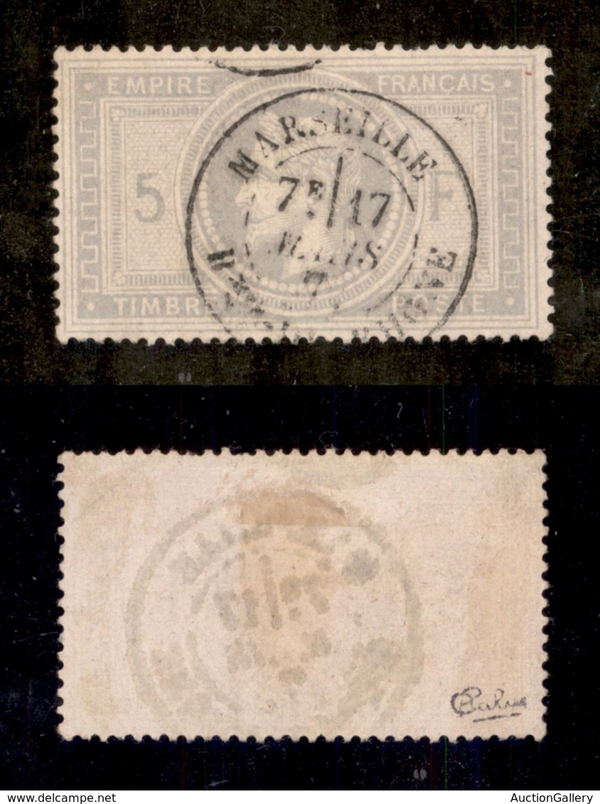 24304 ESTERO - FRANCIA - 1869 – 5 Franchi (32) – Due Dentini Appena Corti In Alto – Ugualmente Molto Bello – Cert. Calve - Autres & Non Classés