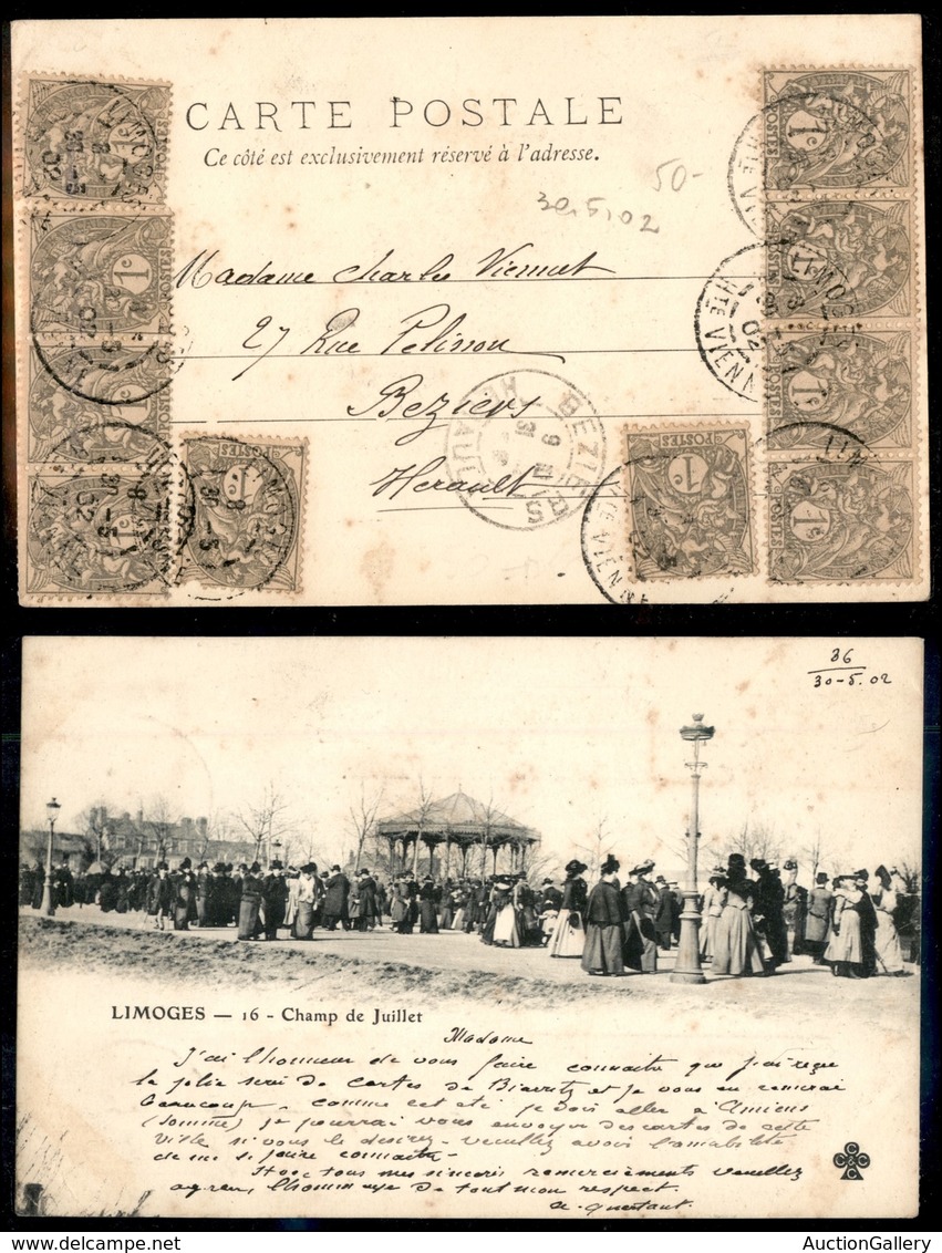 24322 ESTERO - FRANCIA - Dieci 1 Cent (86) Su Cartolina Da Limoges (Champ De Juillet) A Beziers Del 30.5.02 - Autres & Non Classés