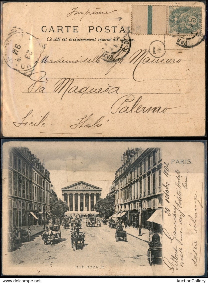 24330 ESTERO - FRANCIA - 5 Cent (90) Bordo Foglio Con Banda Di Colore - Cartolina Assicurata (Parigi Rue Royale) Per Pal - Sonstige & Ohne Zuordnung