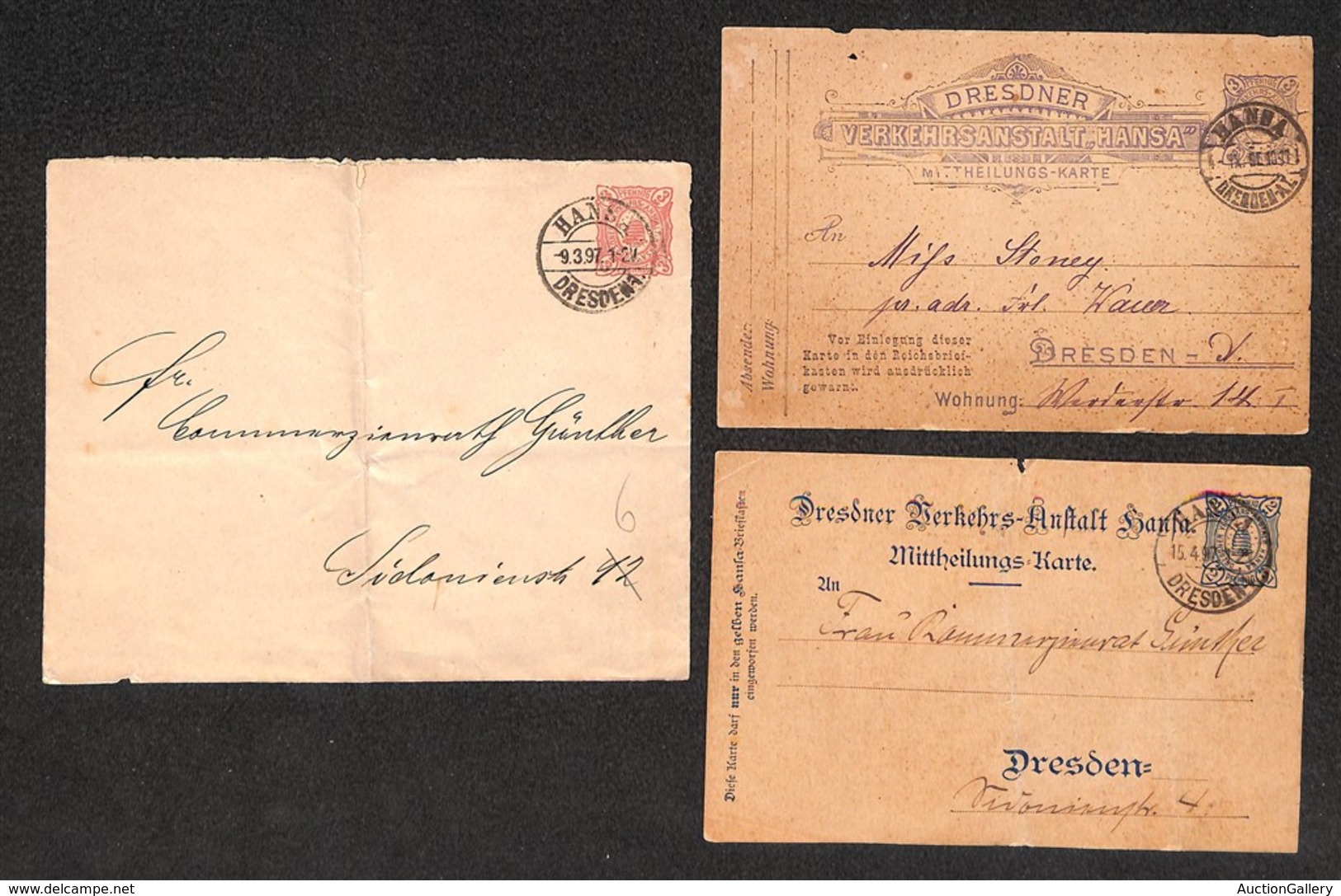 24465 ESTERO - GERMANIA - Hansa/Dresden - 1897 - Tre Interi (2 Cartoline + 1 Busta) Usati - Autres & Non Classés