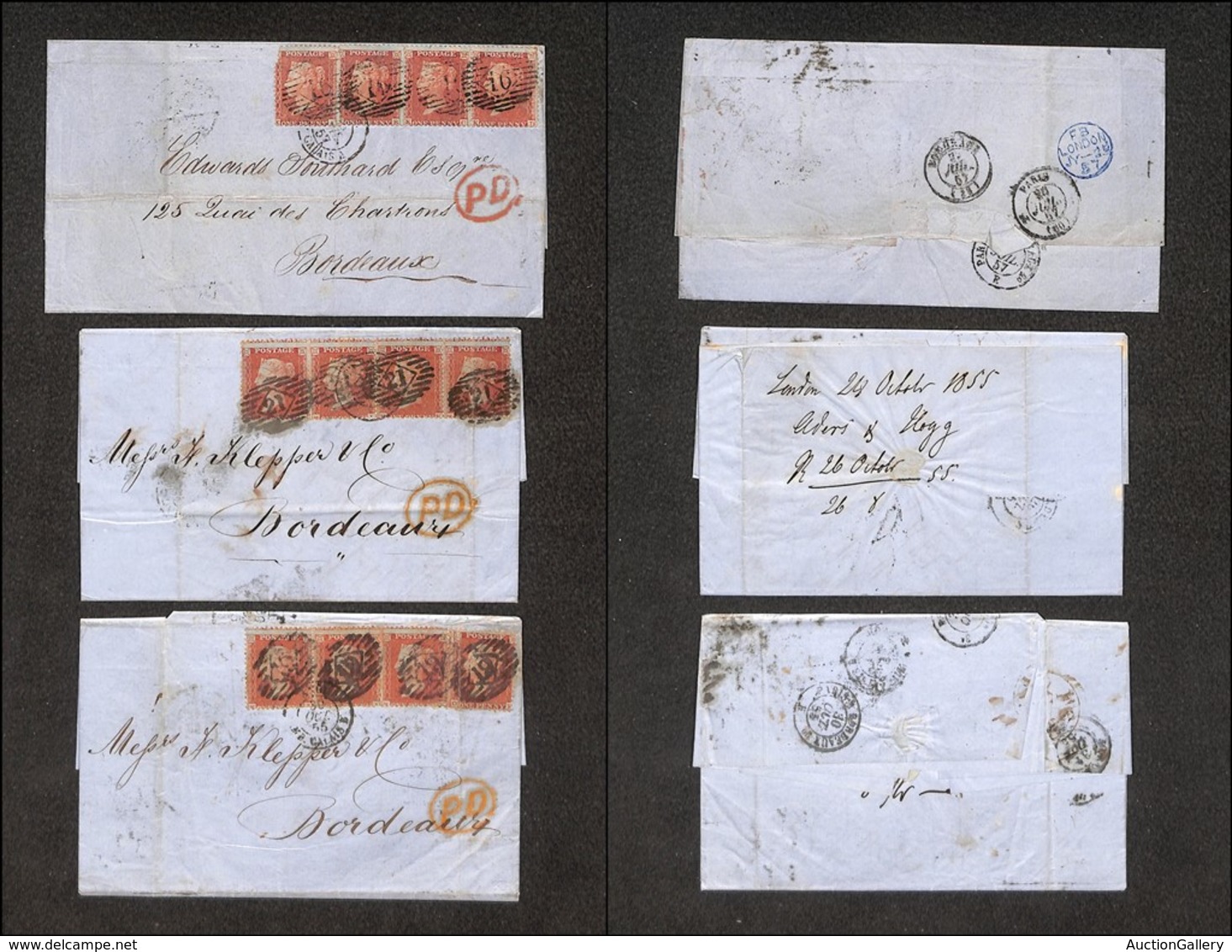 24588 ESTERO - GRAN BRETAGNA - 1855/1857 – 1 Penny (10B) – Tre Lettere Da Londra A Bordeaux – Difetti - Andere & Zonder Classificatie