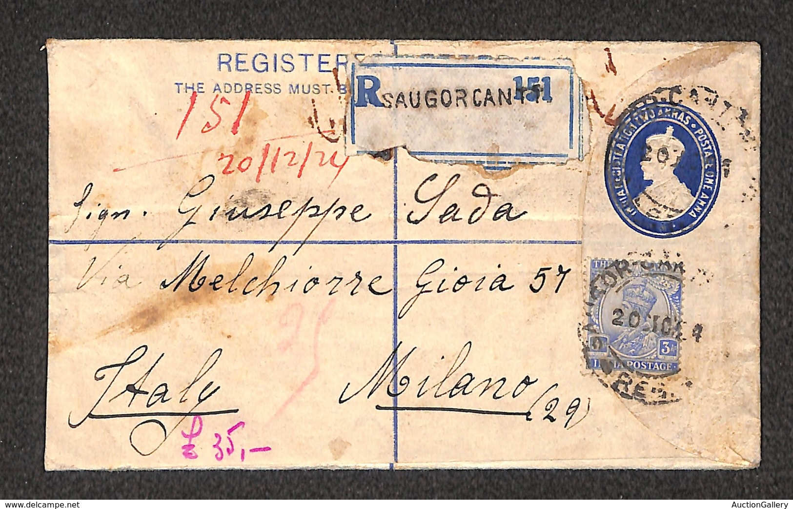 24661 ESTERO - INDIA -  Intero Postale 2 Annas + 3 Annas (Mich.  104a) – Raccomandata Da Saugorcantt A Milano Del 20.12. - Autres & Non Classés