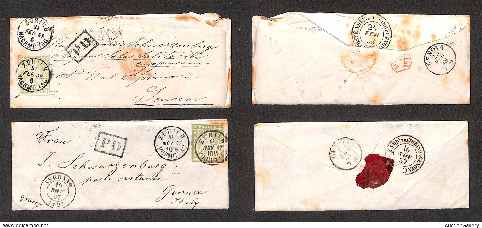 24896 ESTERO - SVIZZERA - 1857/1858 – Due Bustine Da Zurigo A Genova Col 40 Cent (17) - Sonstige & Ohne Zuordnung