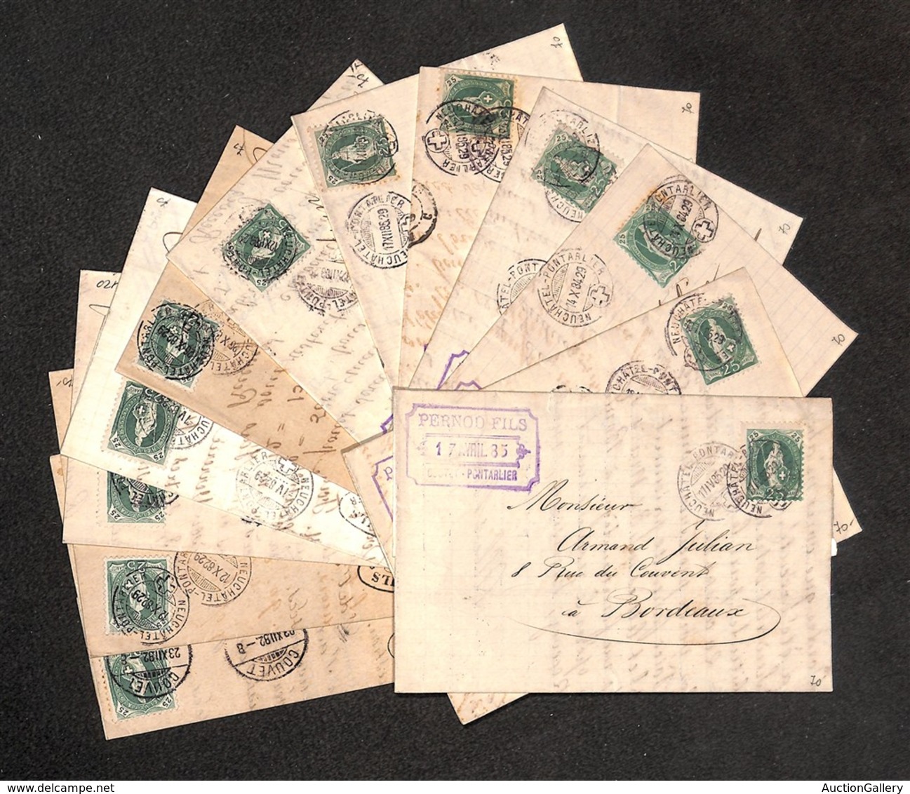 24907 ESTERO - SVIZZERA - 1882/1885 – 25 Cent (72) – Lotto Di 12 Lettere D'archivio Per Bordeaux - Sonstige & Ohne Zuordnung