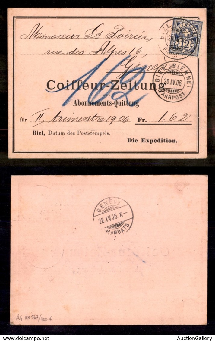 24909 ESTERO - SVIZZERA - 1906 – Cedolino Da Biel A Ginevra - Sonstige & Ohne Zuordnung