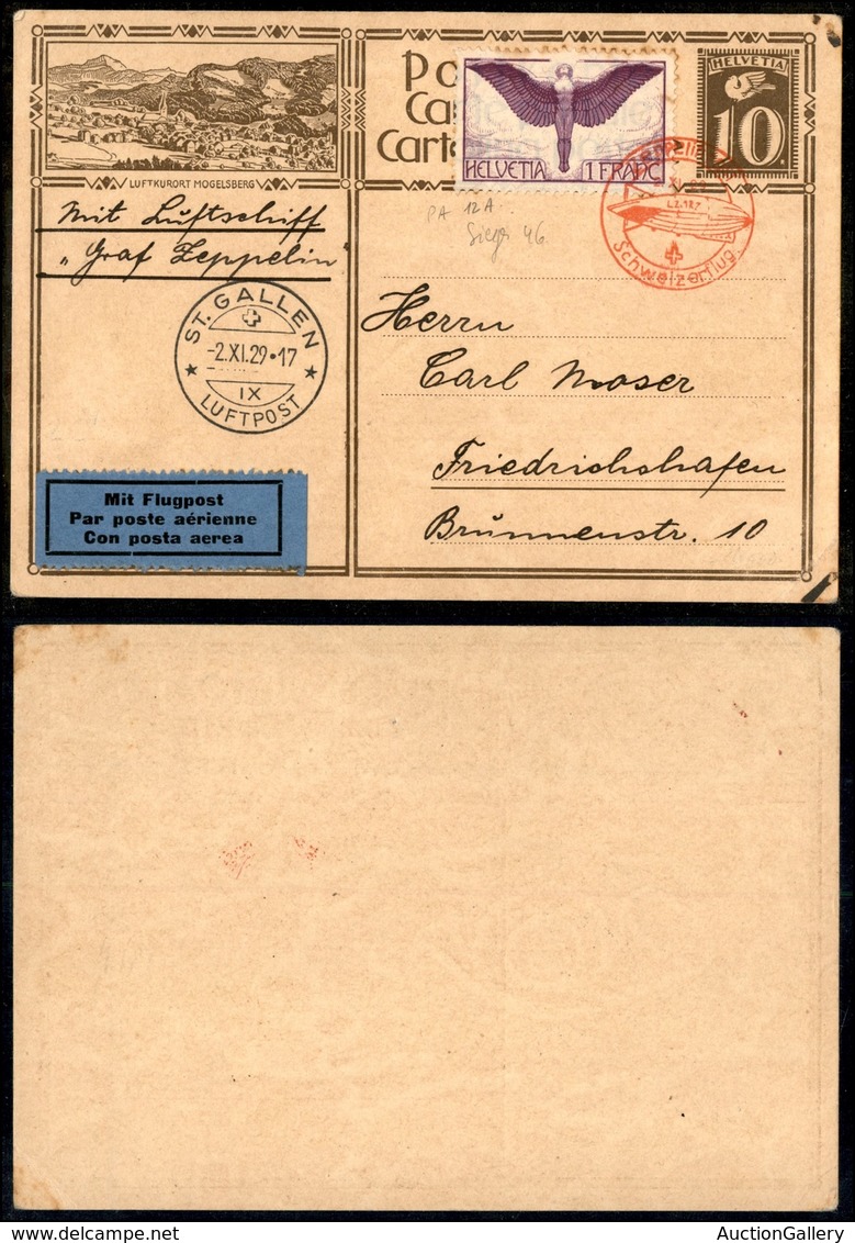 24925 ESTERO - SVIZZERA - Zeppelin Schweizerflug – Intero Postale Da 10 Cent + 1 Franco (A12a) Carta Ordinaria – St. Gal - Sonstige & Ohne Zuordnung