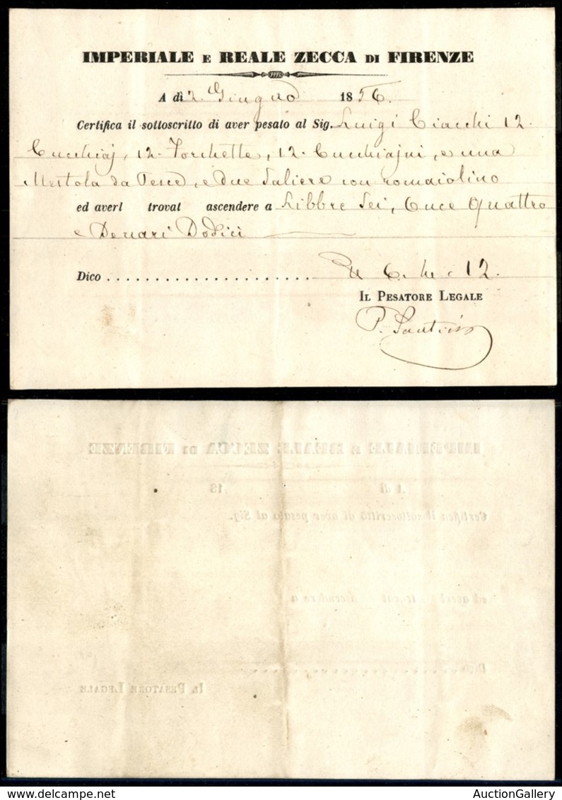 25008 VARIE - PREFILATELICHE E FRANCHIGIE - Imperiale E Reale Zecca Di Firenze – Certificato Di Peso Del 2.6.56 - Andere & Zonder Classificatie