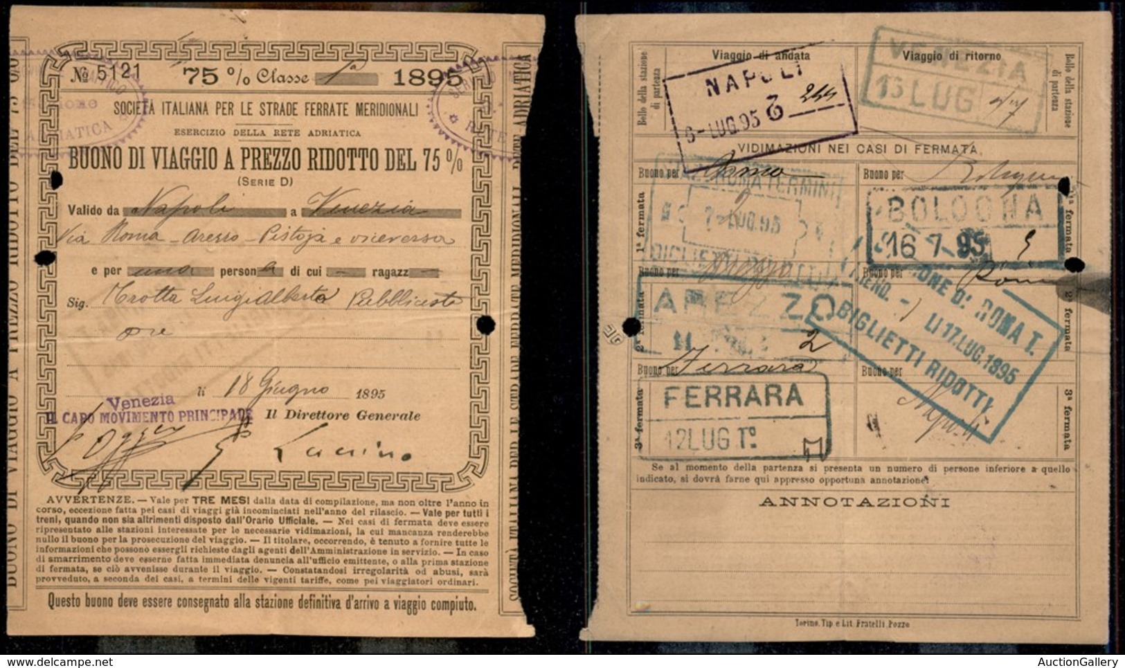 25019 VARIE - PREFILATELICHE E FRANCHIGIE - 1895 (18 Giugno) – Strade Ferrate Medioevali – Buono Di Viaggio A Prezzo Di  - Sonstige & Ohne Zuordnung