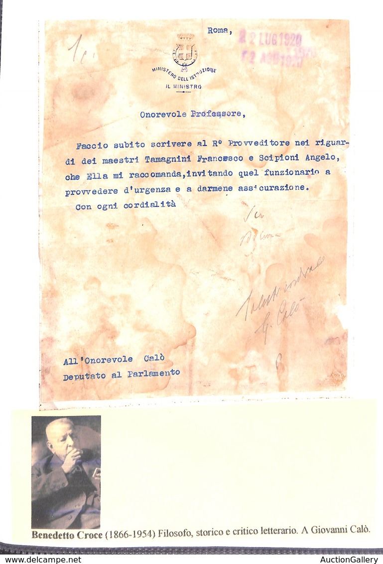 25031 VARIE - AUTOGRAFI - Benedetto Croce – Lettera Dattiloscritta Con Firma Autografa Per L'Onorevole Calò Del 22.7.20 - Autres & Non Classés