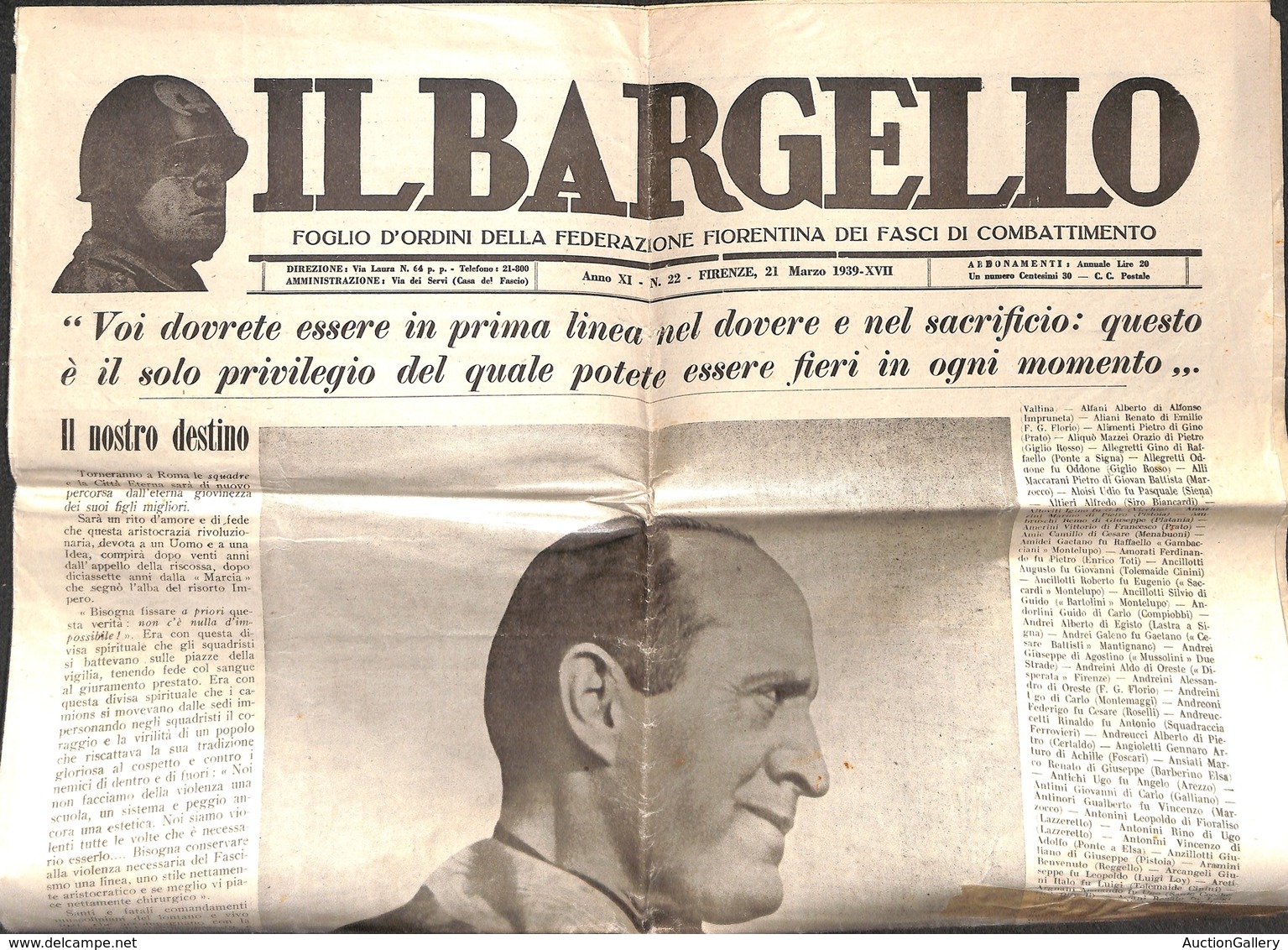 25049 VARIE - VARIE - Il Bargello – Intero Giornale Della Federazione Fiorentina Dei Fasci Di Combattimento – 21.3.39 - Andere & Zonder Classificatie