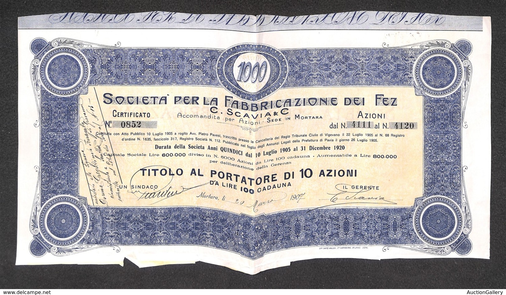 25056 VARIE - VARIE - 1905 – Società Per La Fabbricazione Dei Fez – Titolo Al Portatore Di 10 Azioni - Sonstige & Ohne Zuordnung