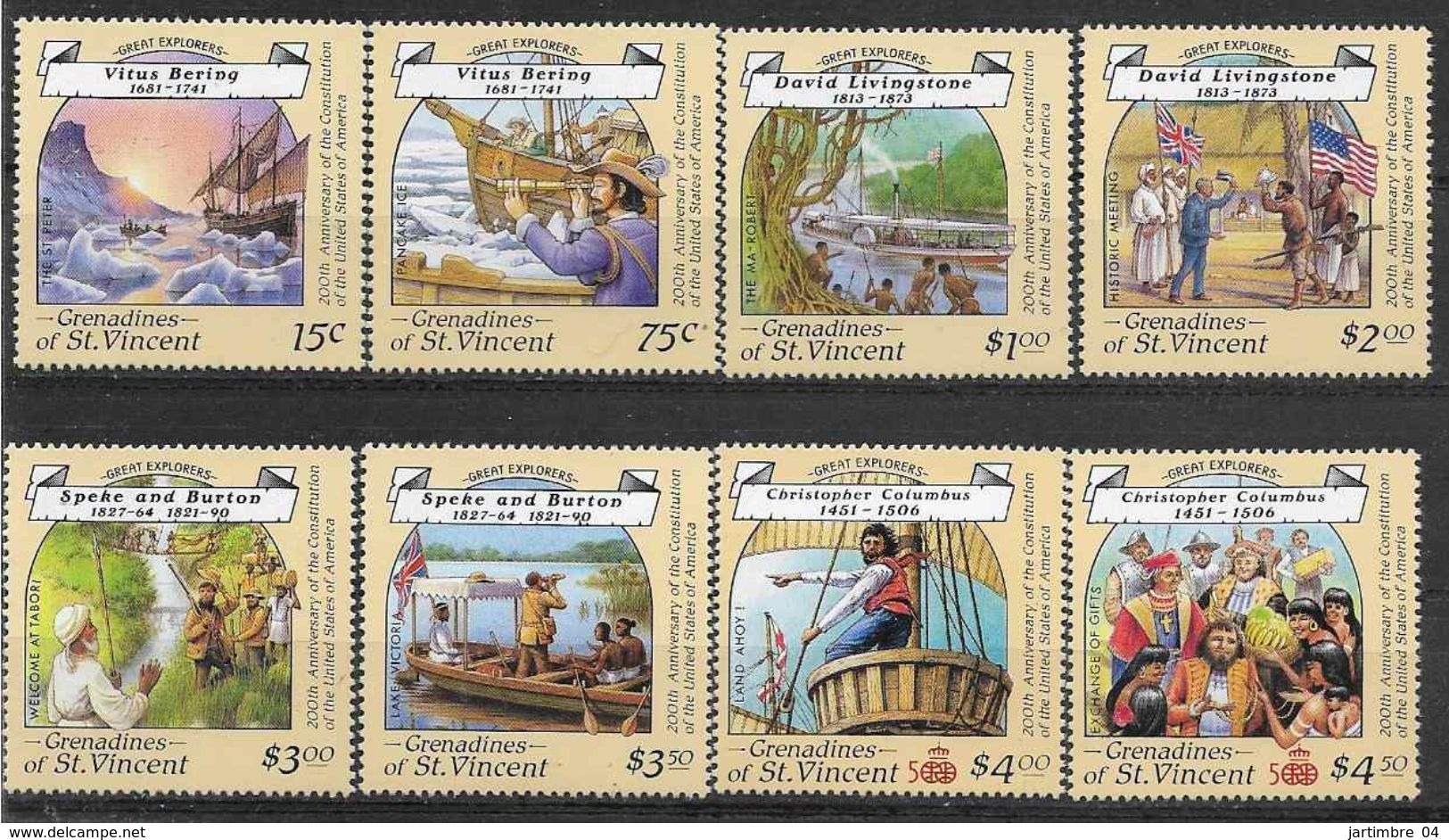 1988 SAINT-VINCENT GRENADINES 546-53+ BF 23-23A  ** Navigateurs, Bering, Colomb, Livingstone , Carte - St.Vincent & Grenadines