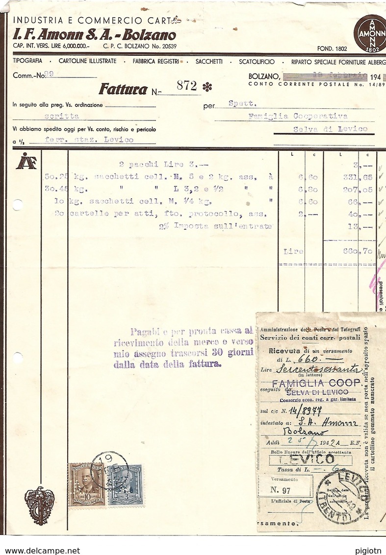 FAT158 - FATTURA 1942-  J.F. AMON S.A. - BOLZANO - MARCHE DA BOLLO PERFIN - Italia