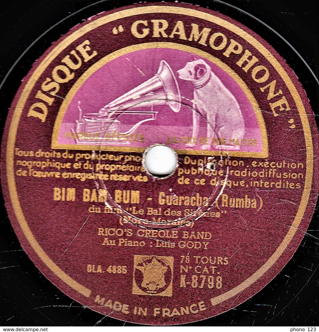 78 Trs  DISQUE GRAMOPHONE K-8798 - état TB - RICO'S CREOLE BAND - BIM BAM BUM - MARIA DE BAHIA - 78 T - Disques Pour Gramophone