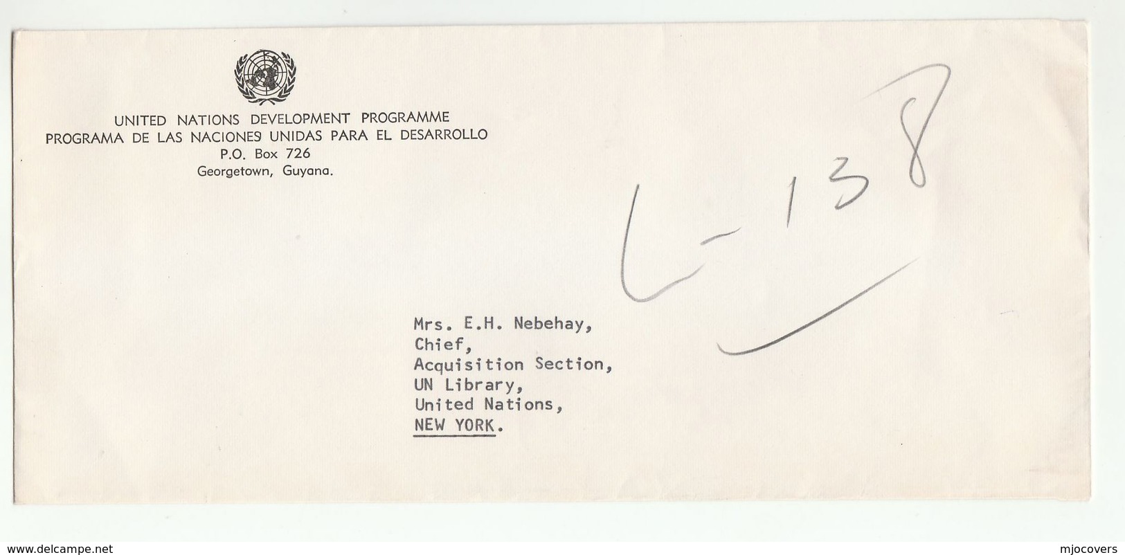 UN In GUYANA COVER  UNDP To UN NY USA  United Nations - Guyana (1966-...)