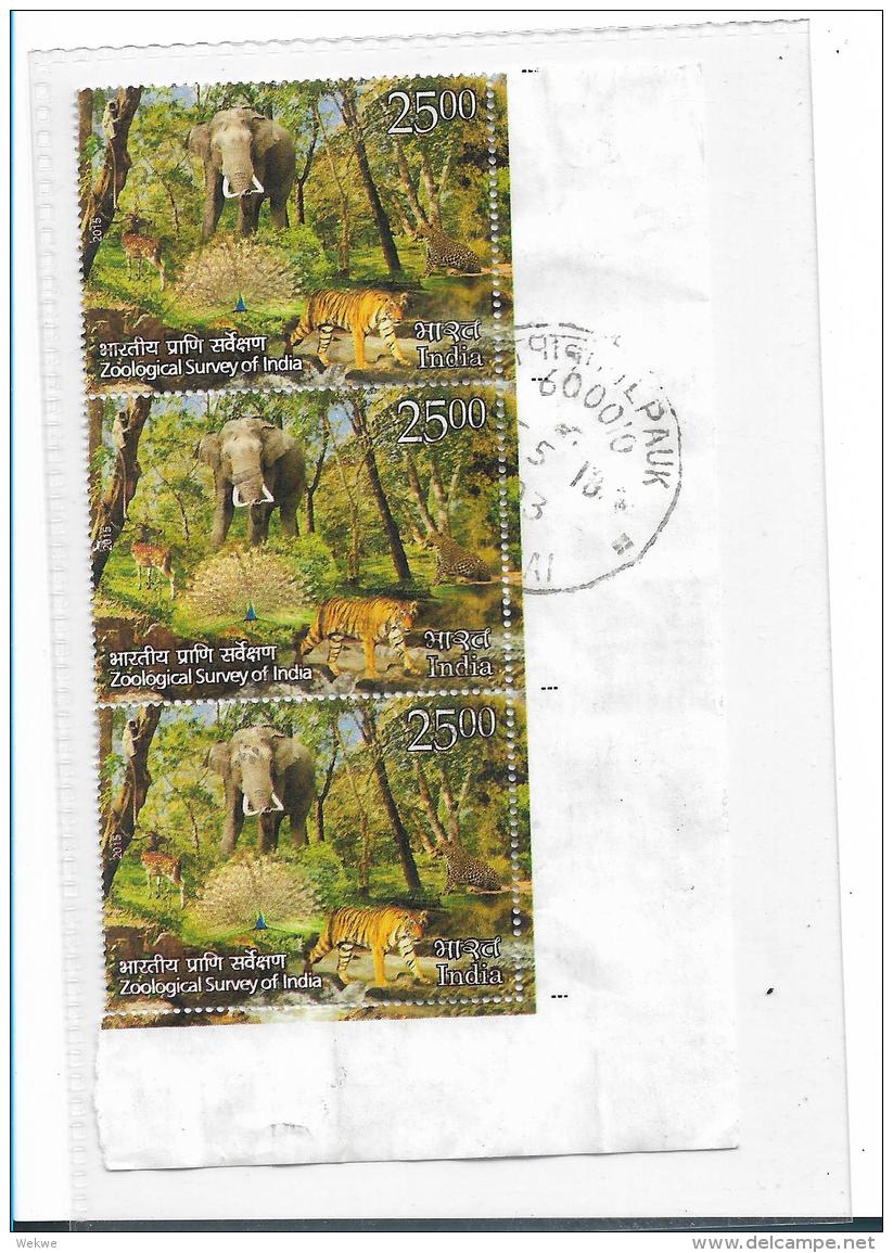 Indien,   Zoologischer Survey 2018 - Tieger Und Elefant Auf 3-er Streifen - Used Stamps