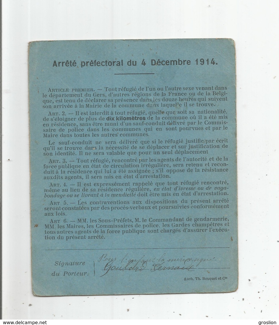 CERTICAT DE RESIDENCE SERVICE DES REFUGIES DEPARTEMENT DU GERS (COMMUNE D'AVERON BERGELLE) ENFANT DE 2 ANS GUERRE 1914 - Documents Historiques