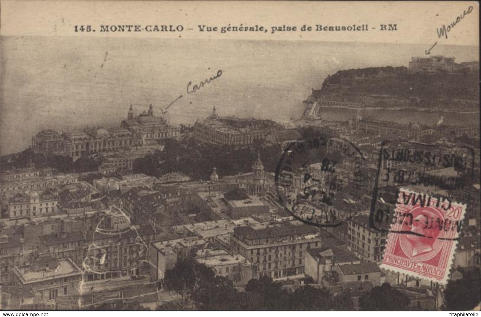 Daguin Monté Carlo Climat Incomparable Tous Les Sports 29 4 1928 CPA Vue Générale Prise De Beausoleil YT 79 X2 Monaco - Briefe U. Dokumente