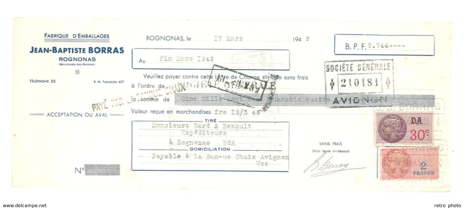 Vieux Papier Pub - J.B. Borras, Rognonas, Emballages, ... Banque Société Générale Avignon, Timbres Fiscaux - Publicités