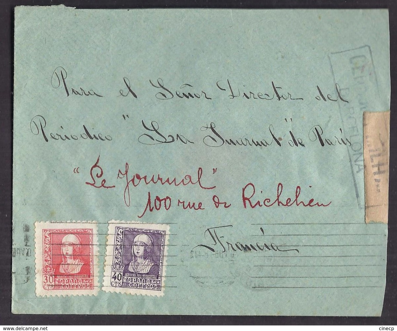 ENVELOPPE GUERRE ESPAGNE Cachet De Censure 1939  CENSURA MILITAR BARCELONA - Nationalists Censor Marks