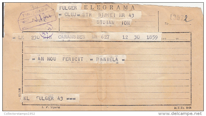 72321- TELEGRAMME SENT FROM CLUJ NAPOCA TO CARANSEBES, 1960, ROMANIA - Telegraphenmarken