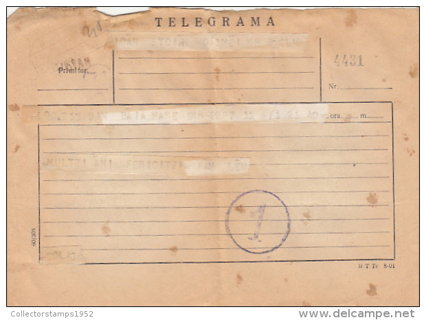 72322- TELEGRAMME SENT FROM CLUJ NAPOCA TO BAIA MARE, 1960, ROMANIA - Telegraphenmarken