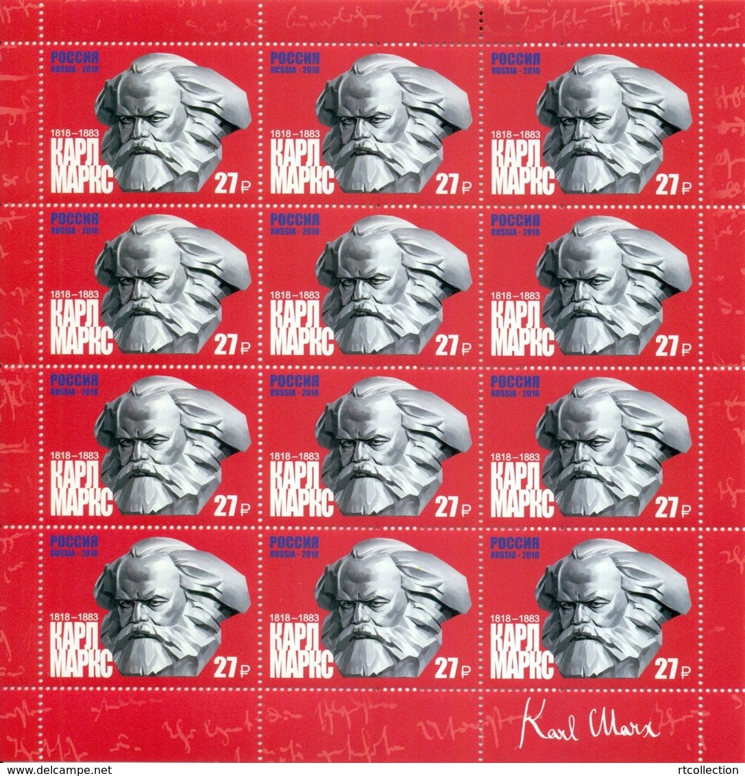 Russia 2018 Sheet Karl Marx Philosopher Economist 200th Birth Art Portrait Soviet People Sculpture Celebrations Stamps - Karl Marx