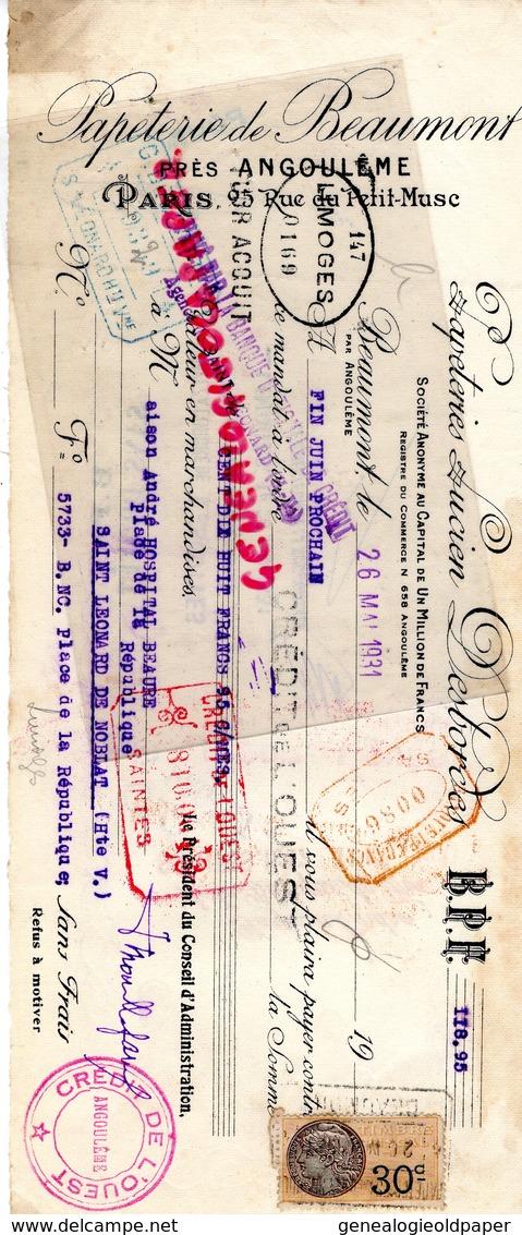 16- ANGOULEME- TRAITE MANDAT PAPETERIE DE BEAUMONT- PARIS 25 RUE DU PETIT MUSC- PAPIER- 1931 - Imprimerie & Papeterie