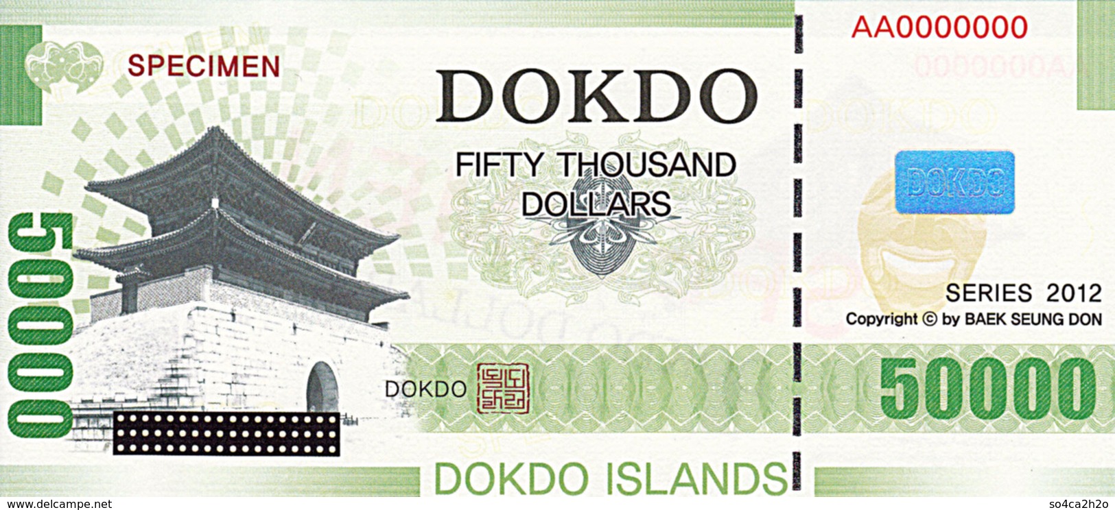 Specimen Île DOKDO Corée 50 000 Dollars 2012 UNC - Ficción & Especímenes