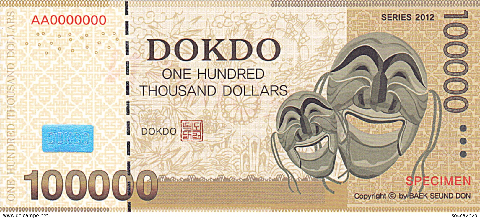 Specimen Île DOKDO Corée 100 000 Dollars 2012 UNC - Fictifs & Spécimens