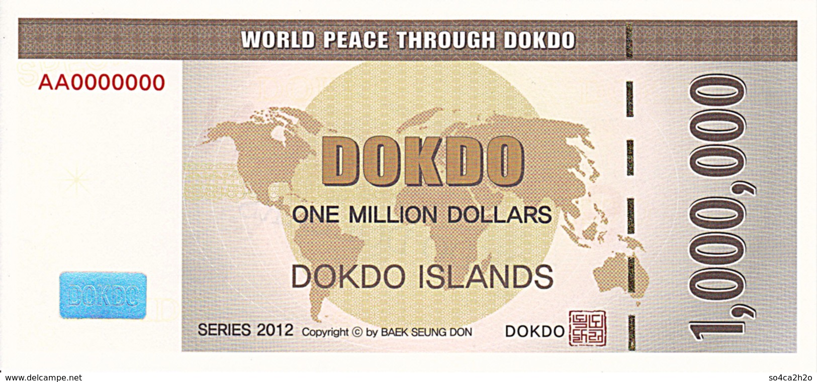 Specimen Île DOKDO Corée 1 000 000 Dollars 2012 UNC - Fictifs & Spécimens