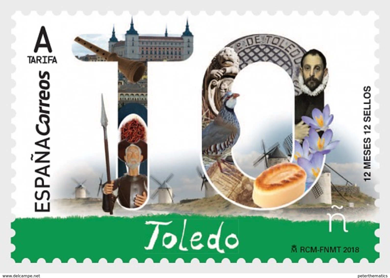 SPAIN, 2018, MNH, 12 MONTHS 12 STAMPS, TOLEDO, BIRDS, PARTRIDGE, DON QUIXOTE,  MARZAPAN, EL GRECO, WINDMILLS,  1v - Writers