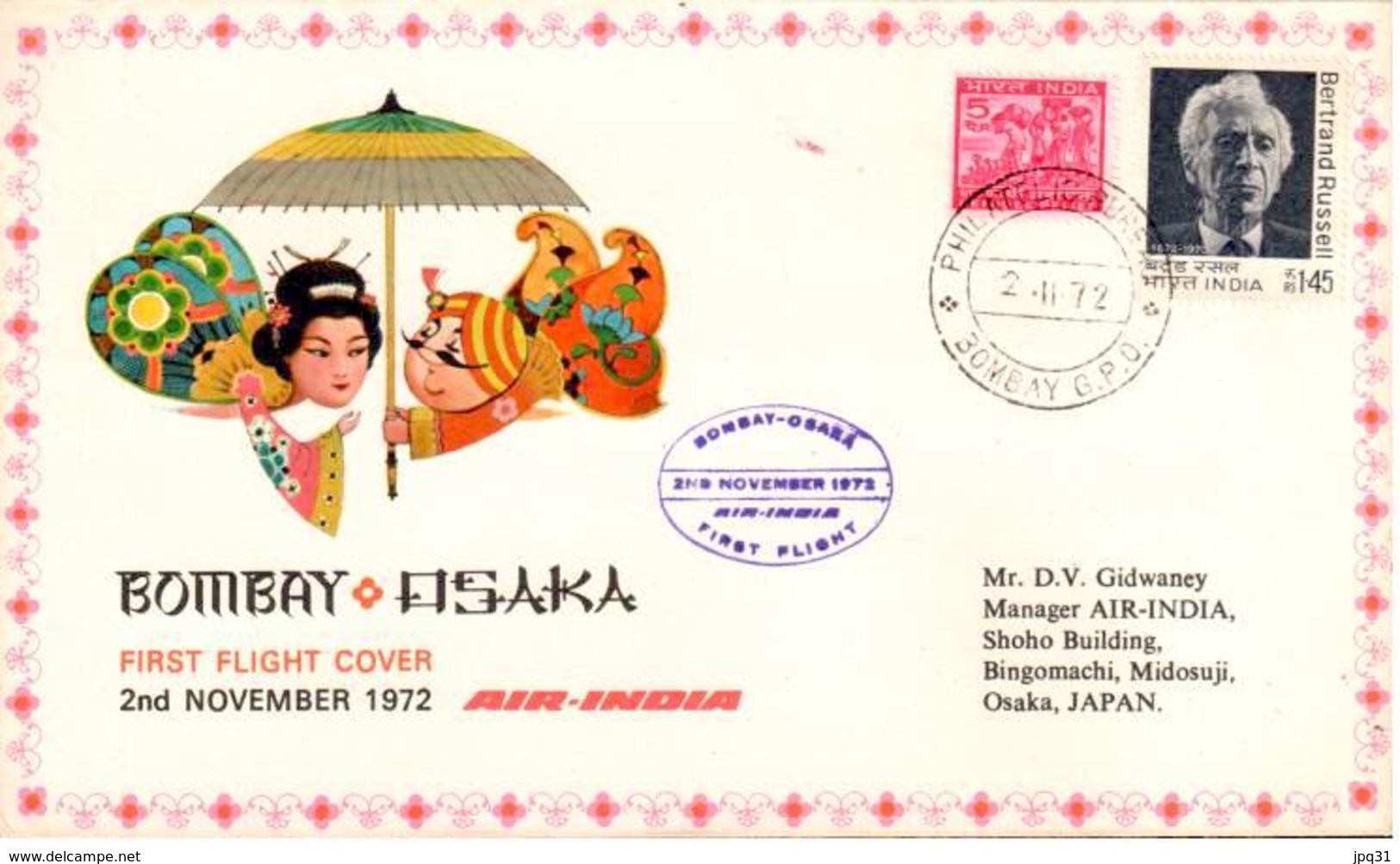 Enveloppe 1er Vol Air India Bombay Osaka 02/11/1972 - Avions