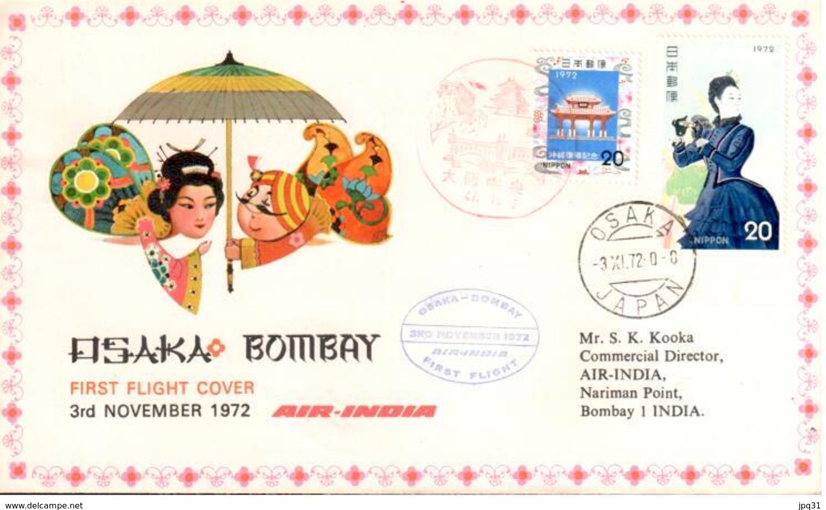 Enveloppe 1er Vol Air India Osaka Bombay 03/11/1972 - Avions