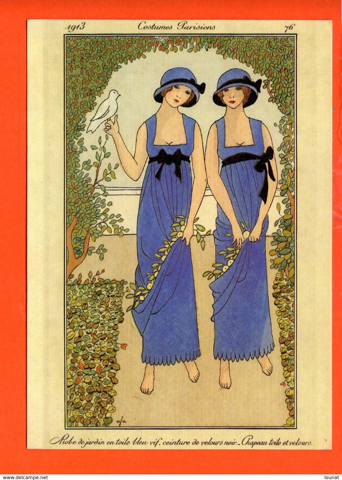 Mode Femme - Illustrateur - Costumes Parisiens 1913 - Robe De Jardin En Toile Bleu (dimensions 17 X12 Cm)(non écrite) - Mode