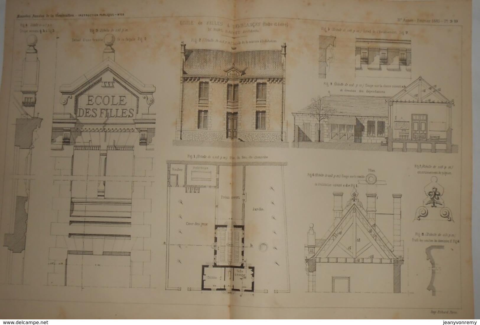 Plan De L'école De Filles De Semblançay. Indre Et Loire. M. Paul Raffet, Architecte. 1885. - Travaux Publics