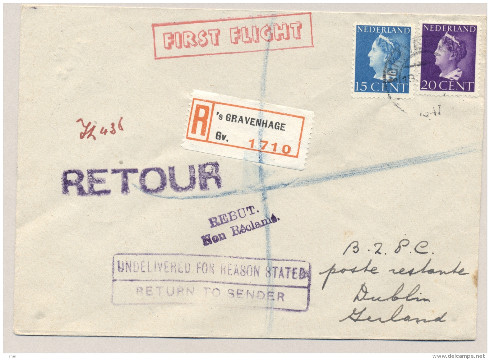 Nederland - 1947 - 15 En 20 Cent Konijnenburg Op KLM / Aer Lingus R-First Flight Amsterdam - Dublin / Ireland - Lettres & Documents